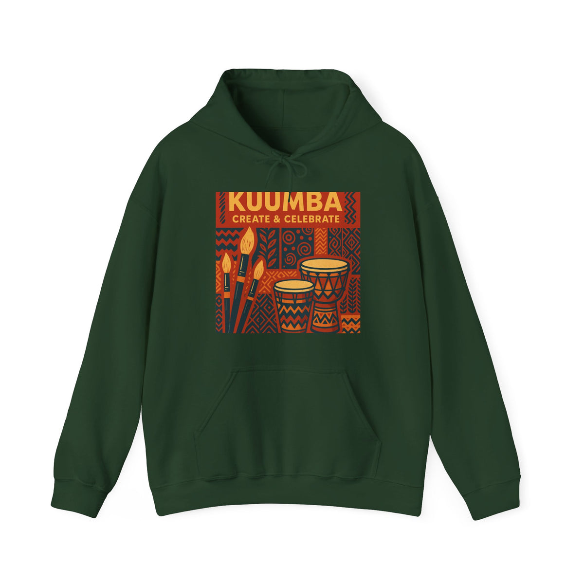 A dark green hoodie with a colorful graphic print featuring the text 'KUUMBA CREATE & CELEBRATE' and traditional patterns with drums, set against a plain white background.