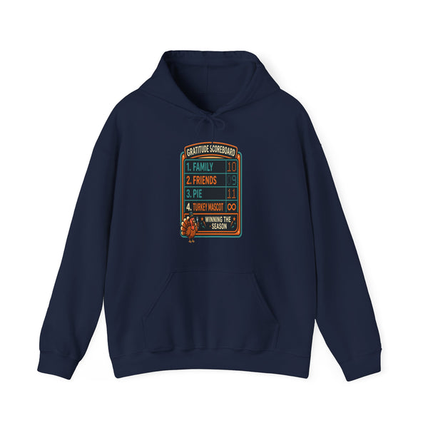 Gratitude Scoreboard Thanksgiving football hoodie in navy with turkey game-day graphic with white background.