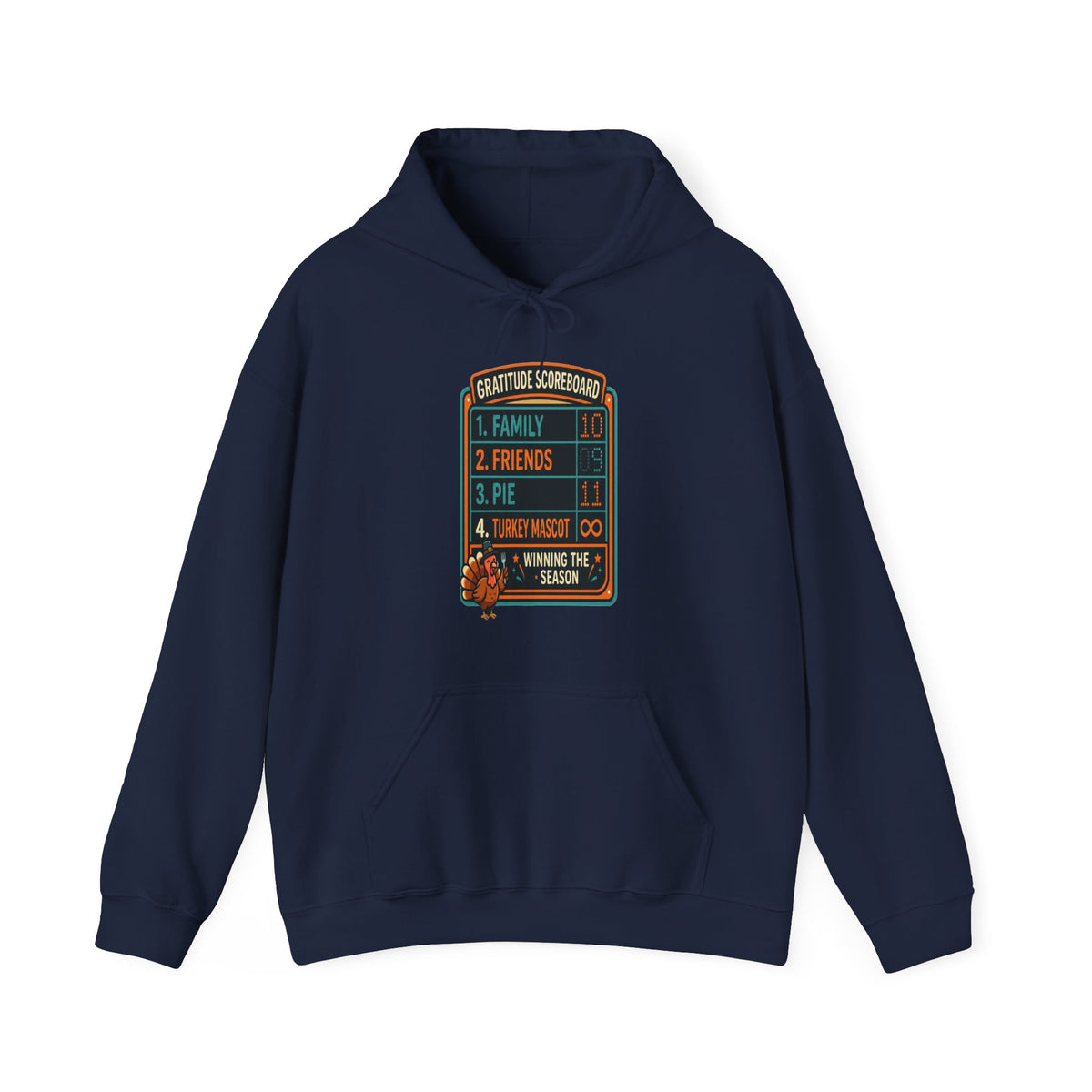 Gratitude Scoreboard Thanksgiving football hoodie in navy with turkey game-day graphic with white background.