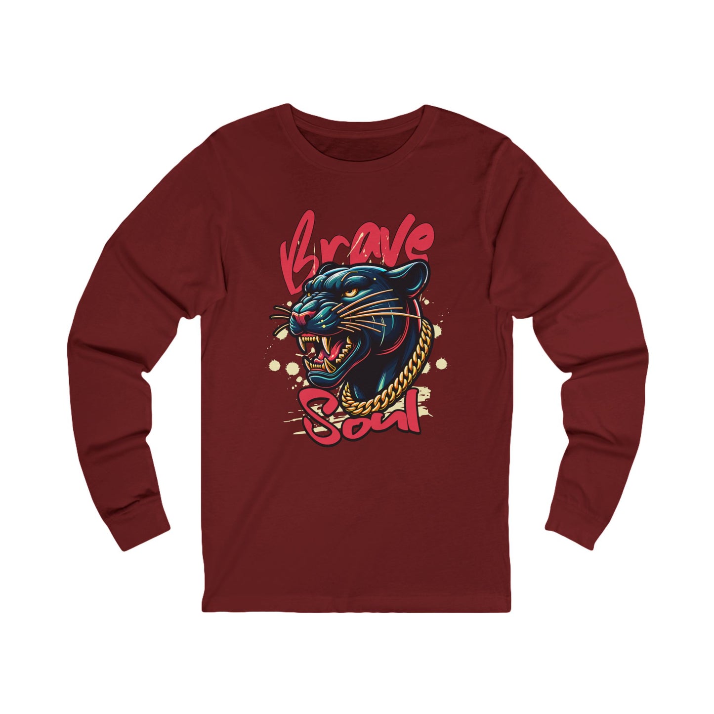 Red long-sleeve shirt with a panther graphic and 'Brave Soul' text on a white background