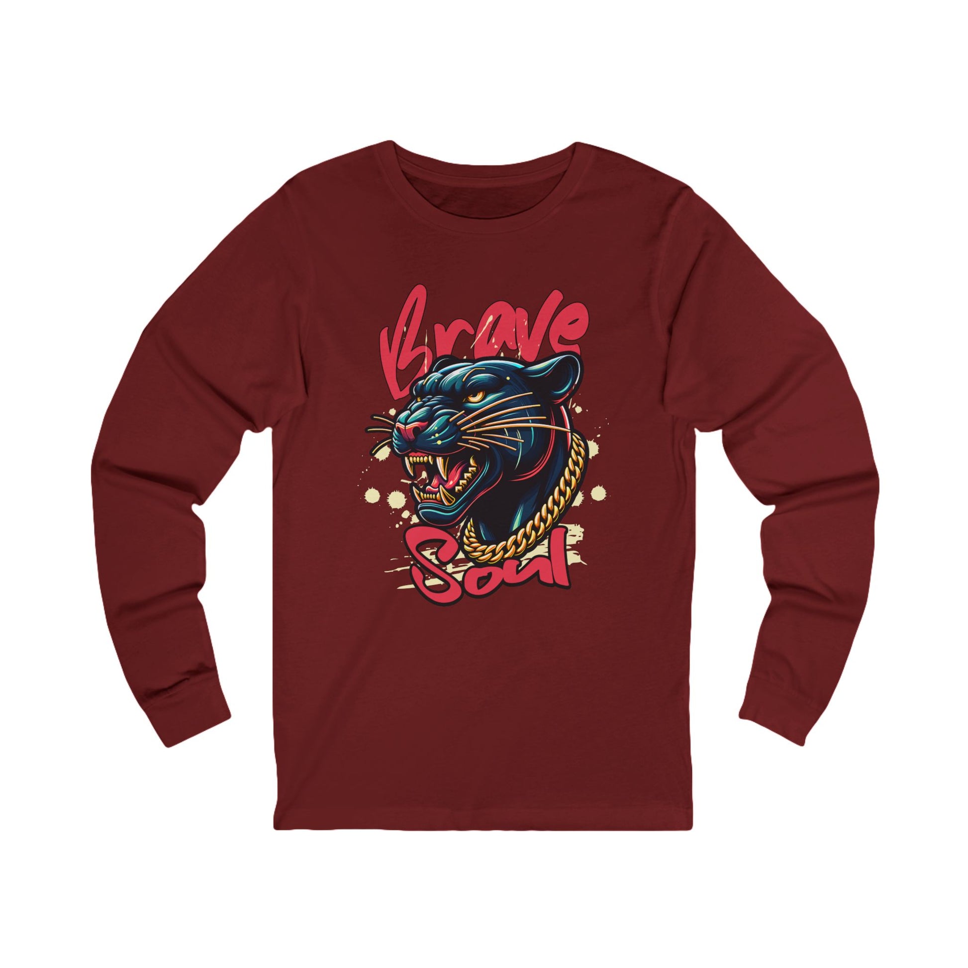 Red long-sleeve shirt with a panther graphic and 'Brave Soul' text on a white background