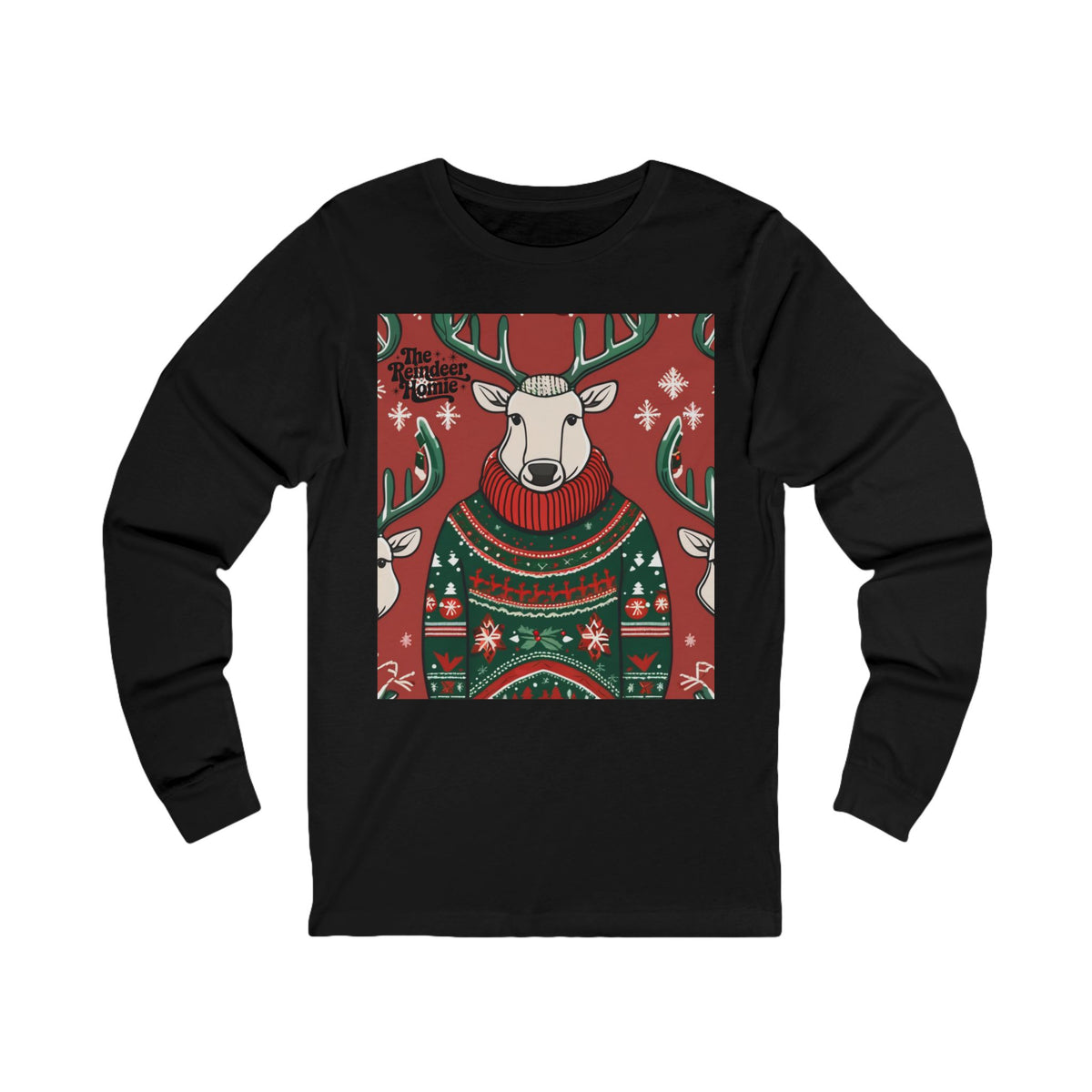A black long-sleeve t-shirt with a graphic print of three white reindeer wearing festive Christmas sweaters on a red background, displayed flat against a white background.