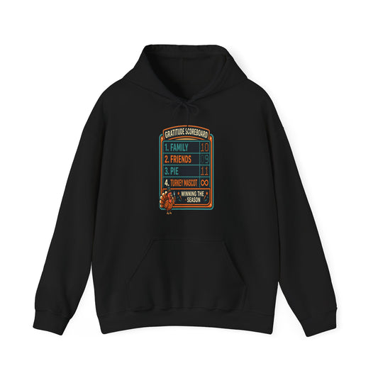 Gratitude Scoreboard Thanksgiving football hoodie in black with turkey game-day graphic with white background.