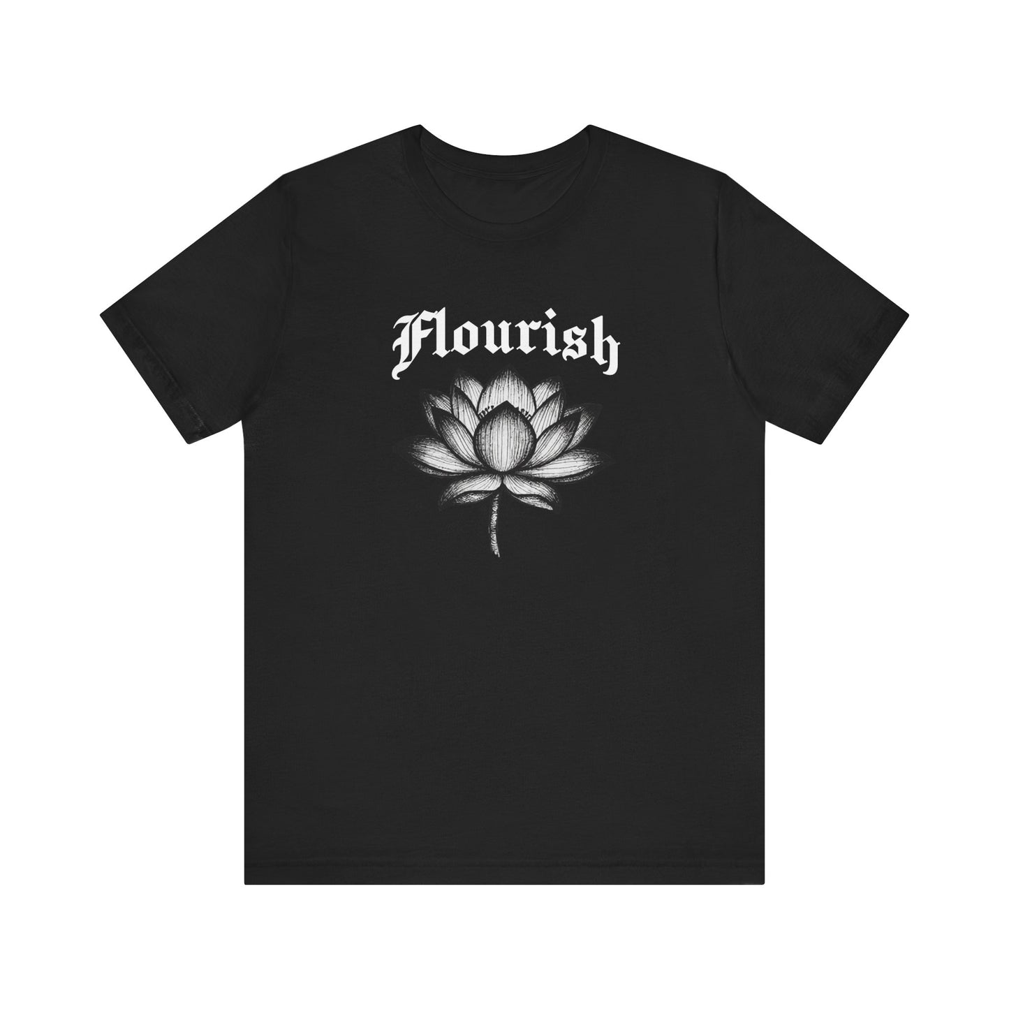 Black t-shirt with 'Flourish' design on a white background