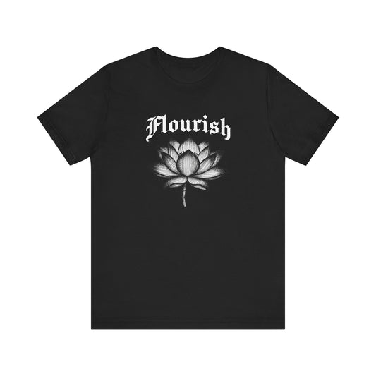 Black t-shirt with 'Flourish' design on a white background