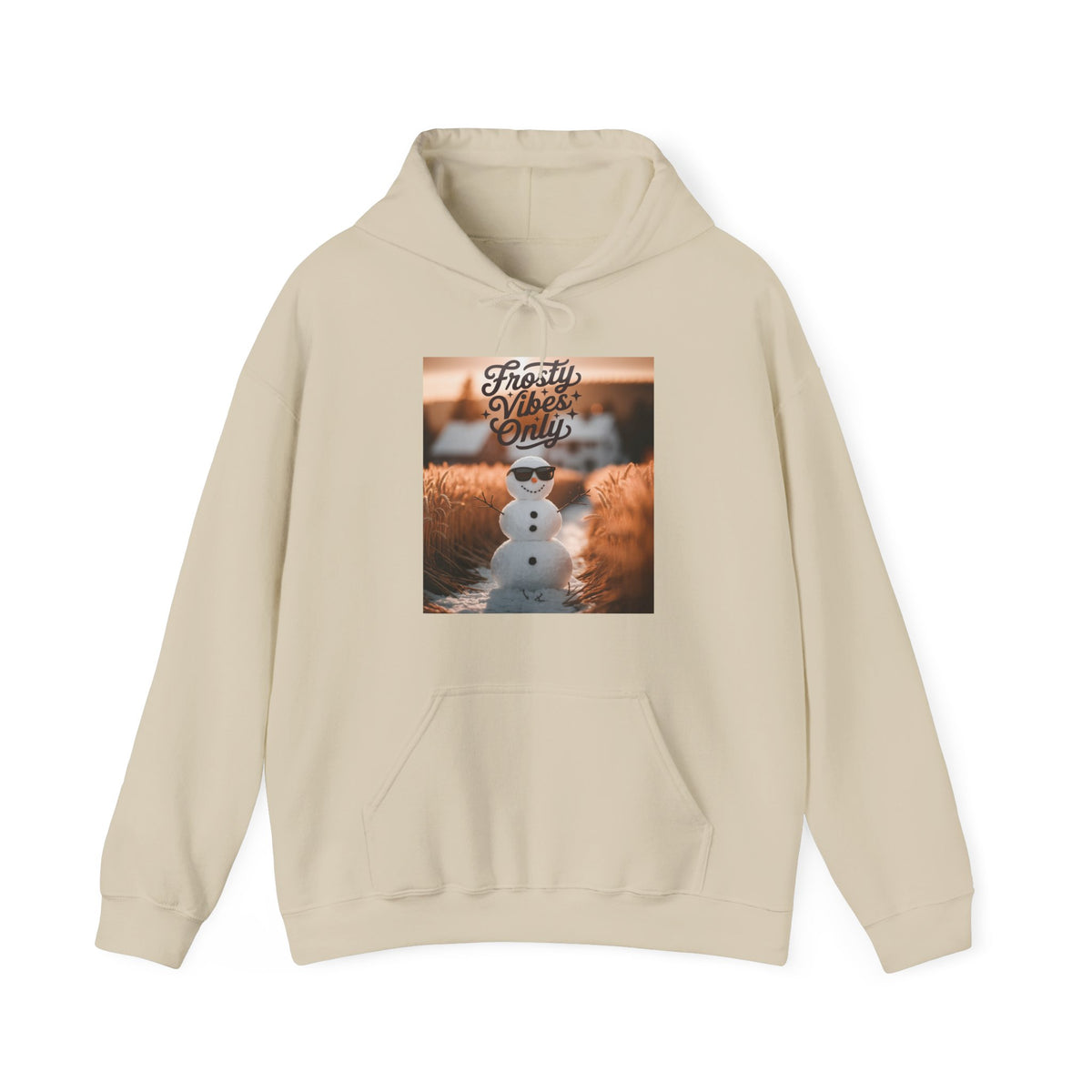 A beige pullover hoodie with a square graphic print on the chest showing a snowman wearing sunglasses in front of fluffy brown animals, with the text 'Frosty Vibes Only' above it, displayed on a clean white background.