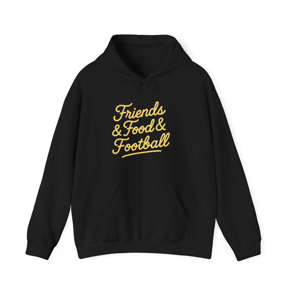 A black pullover hoodie with 'Friends & Food & Football' printed in yellow script across the chest, displayed on a clean white background.