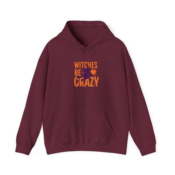 Maroon hoodie with 'Witches Be Crazy' graphic design on a white background
