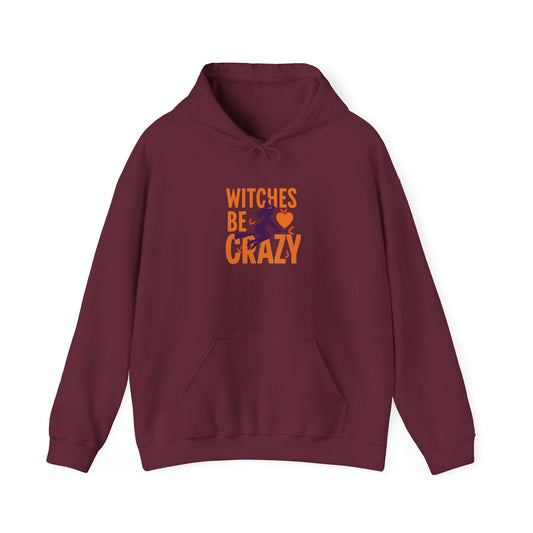 Maroon hoodie with 'Witches Be Crazy' graphic design on a white background