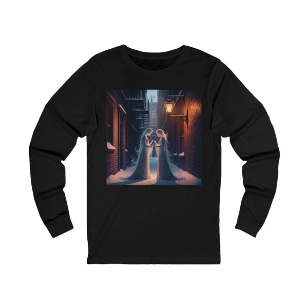 A black long-sleeve t-shirt with a square graphic print on the chest depicting a mirrored ghosts in white dresses facing each other under a warm streetlamp.