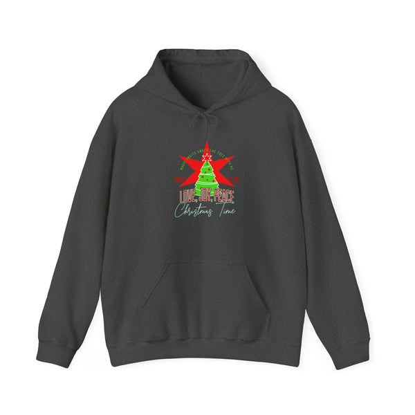 A dark gray hoodie with a Christmas graphic on the chest, featuring a green tree, red star, and the text 'LOVE, JOY, PEACE Christmas Time' on a plain white background.
