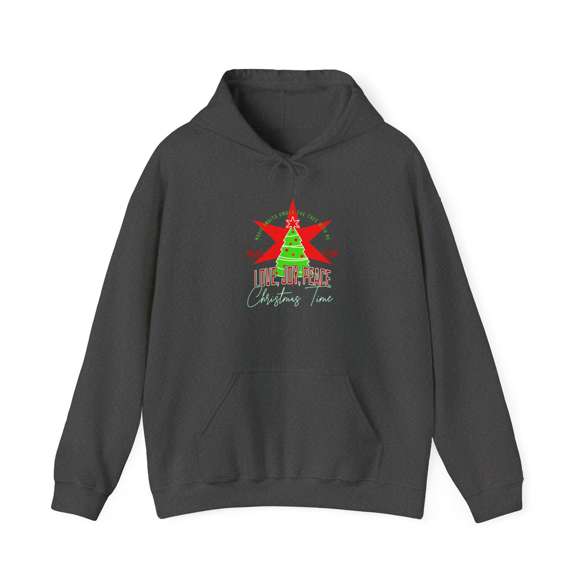 A dark gray hoodie with a Christmas graphic on the chest, featuring a green tree, red star, and the text 'LOVE, JOY, PEACE Christmas Time' on a plain white background.