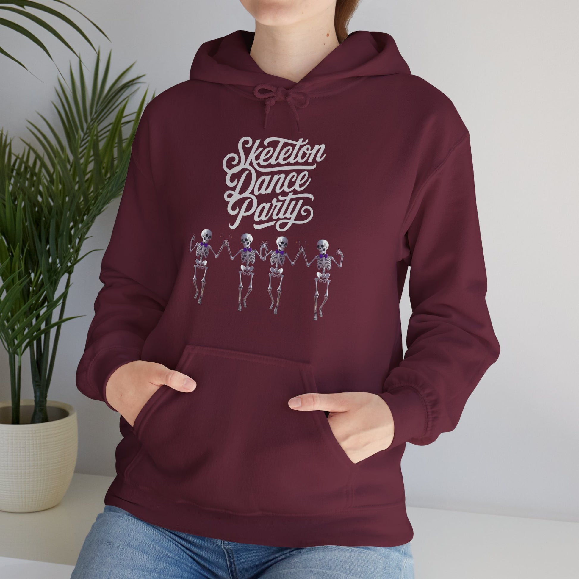 Halloween Dancing Skeleton Hoodie (Unisex S-5XL) in Maroon