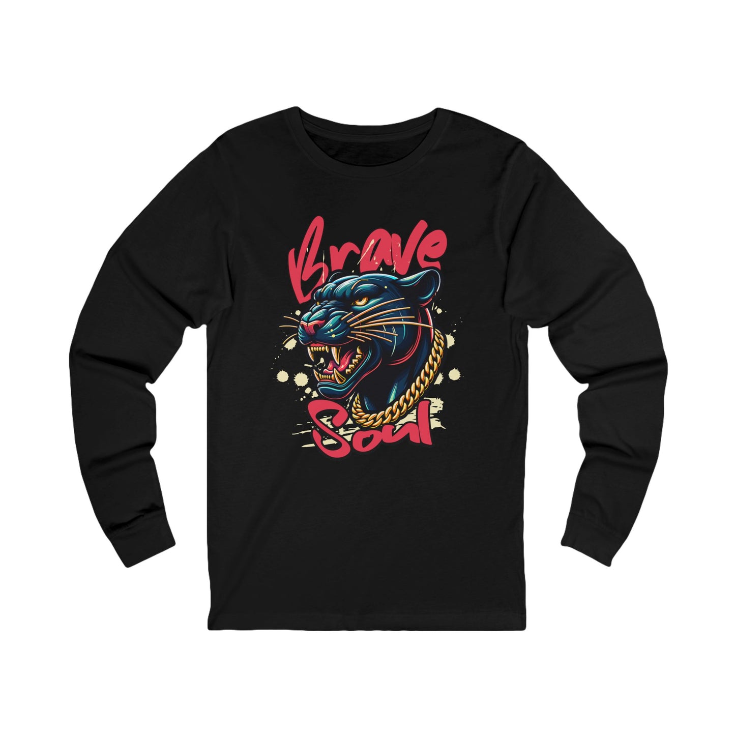 Black long-sleeve shirt with a panther graphic and 'Brave Soul' text on a white background
