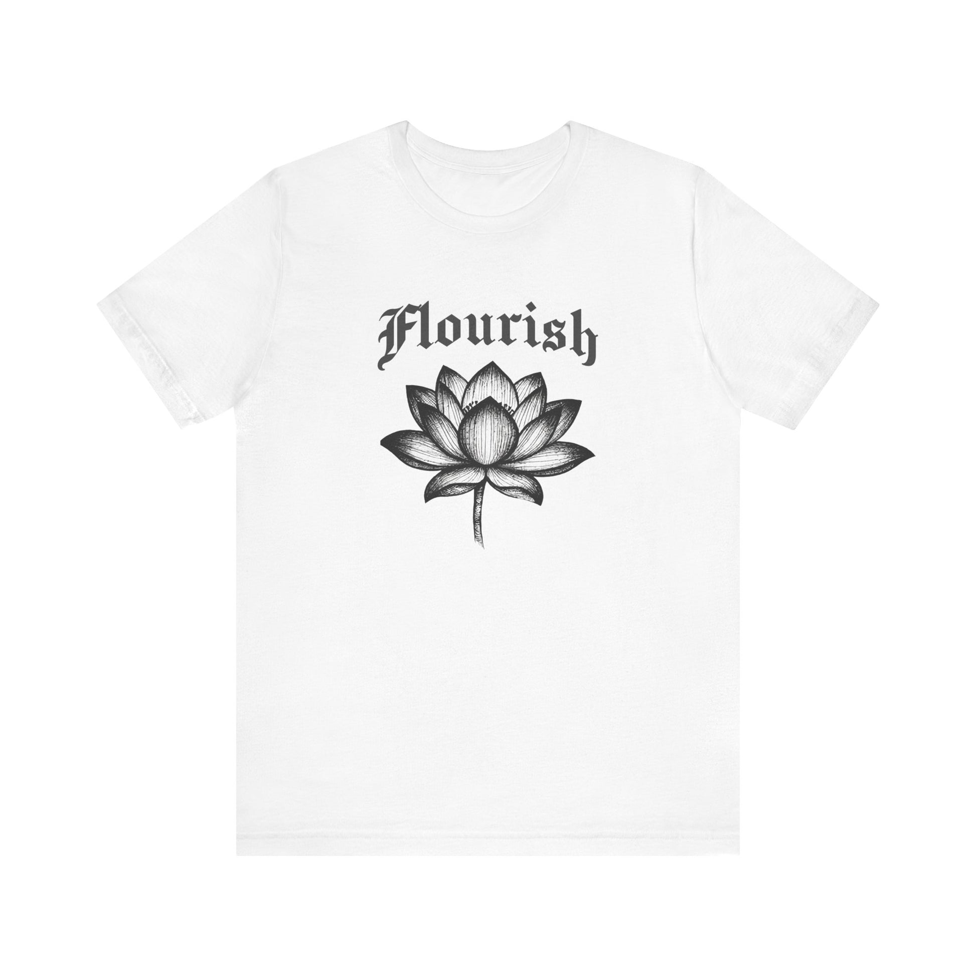 White t-shirt with black lotus flower and 'Flourish' text on a white background
