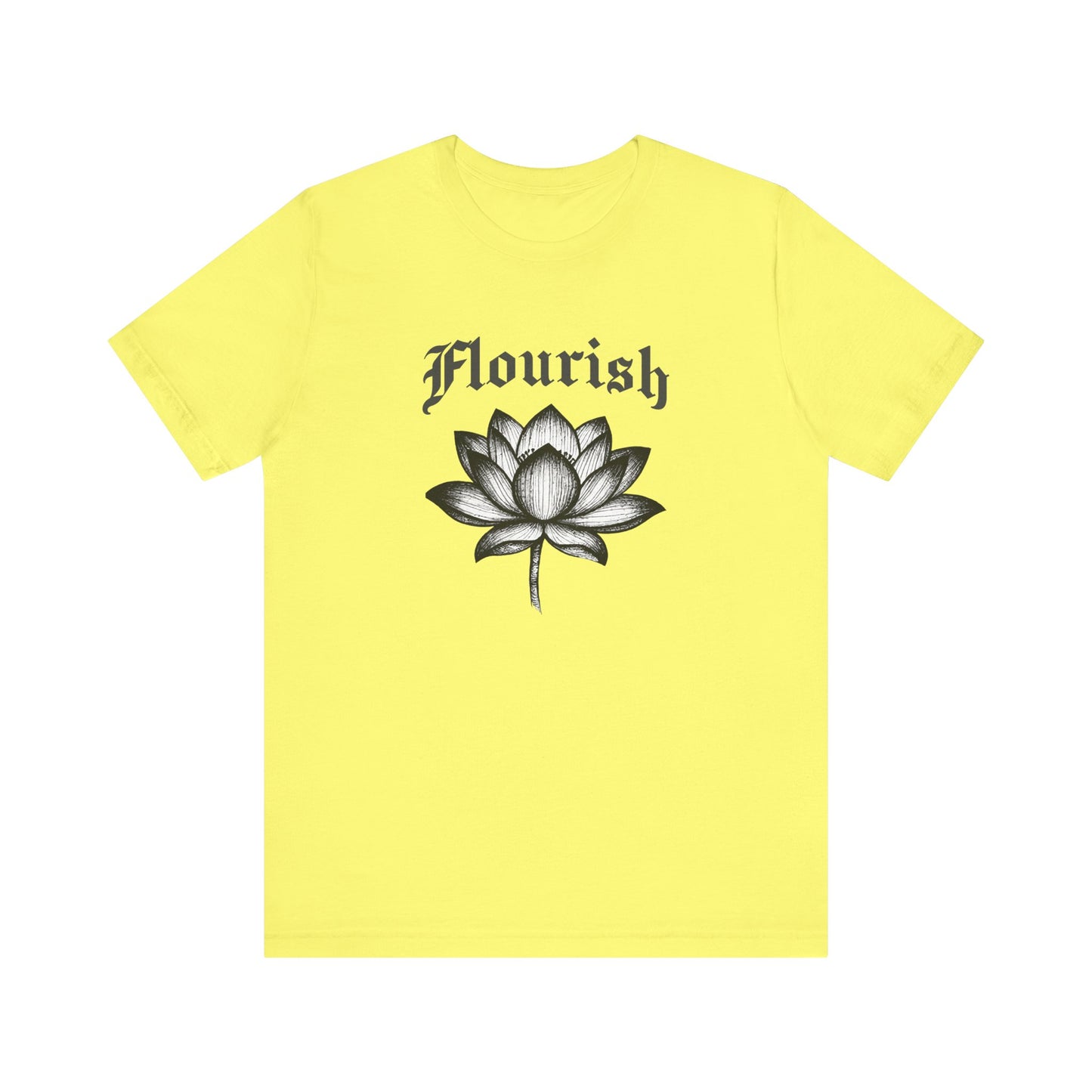 Yellow t-shirt with a black and white lotus flower graphic and 'Flourish' text on a white background