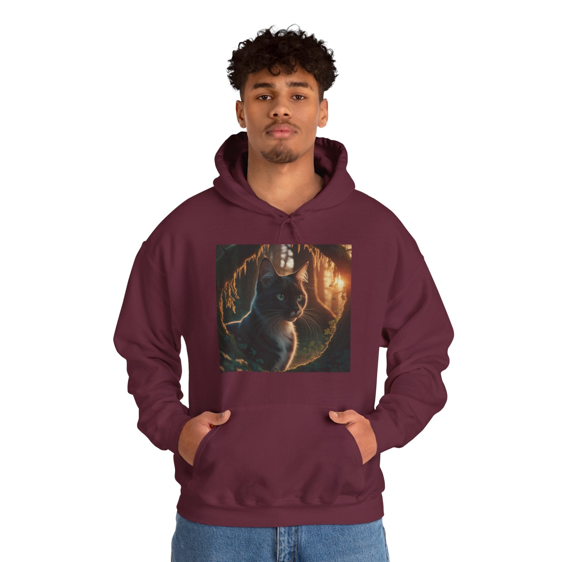 Whimsical Cat Graphic Hoodie – Cozy Feline Fun (Unisex S-5XL) in cardinal