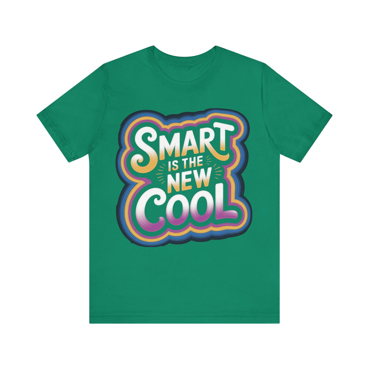 A green short-sleeve crewneck t-shirt featuring a colorful retro-style graphic on the chest that reads 'SMART IS THE NEW COOL' in white, yellow, orange, pink, and blue gradient lettering.