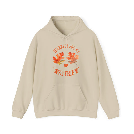 A beige pullover hoodie with a front graphic that reads 'THANKFUL FOR MY BEST FRIEND' in orange text, decorated with two orange autumn leaves and a small heart, shown on a plain white background.