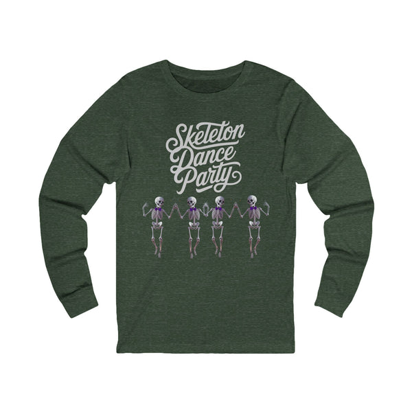 Green long-sleeve shirt with 'Skeleton Dance Party"' text on a white background