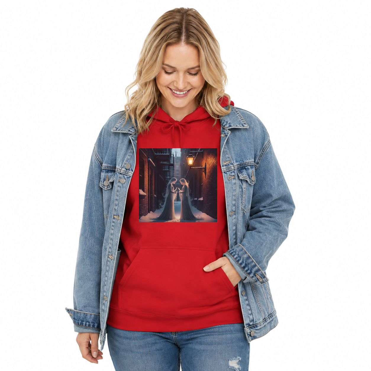 A woman wearing a red pullover hoodie with a graphic print of a couple in a dark hallway, styled under a light blue denim jacket and blue jeans against a plain white background.