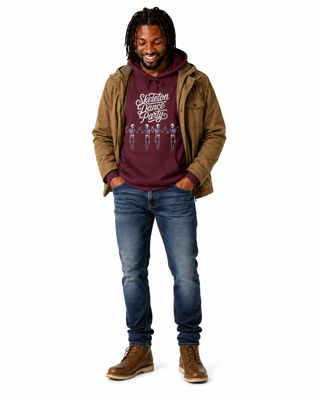 Maroon "Skelton Dance Party" hoodie on a black male wearing a jacket.