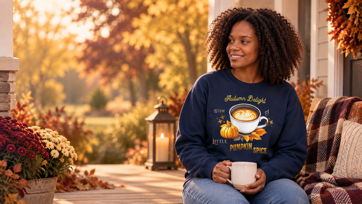 Woman wearing navy Autumn Delight pumpkin spice sweatshirt on a cozy fall porch