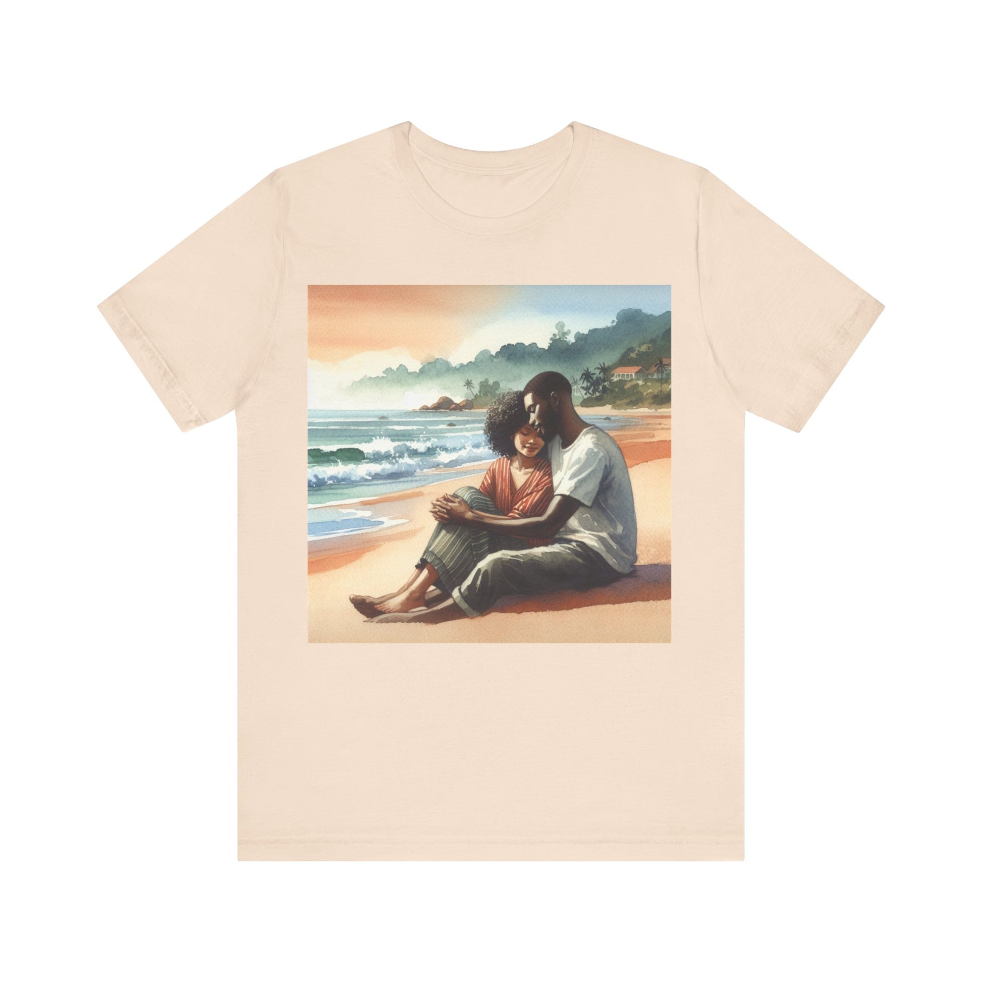 Soft cream t-shirt with a beach scene print featuring two people sitting on the sand.
