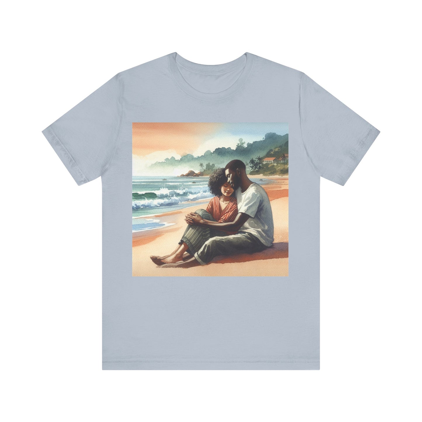 Light blue t-shirt with a graphic of two people on a beach