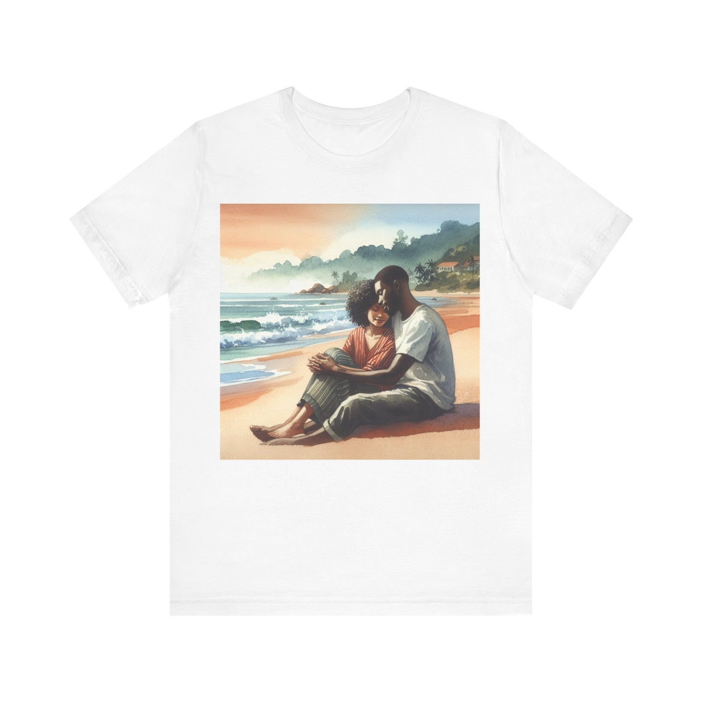 White t-shirt with a graphic of two people on a beach