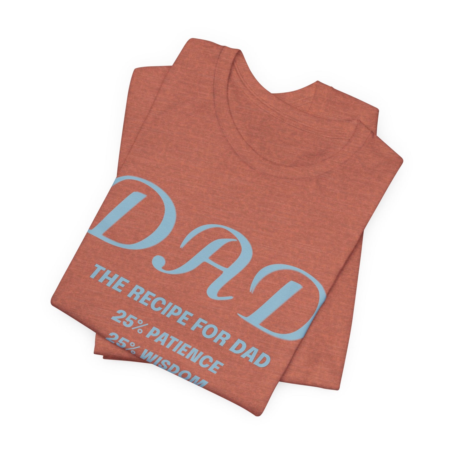 Folded heather clay t-shirt with blue text on a white background