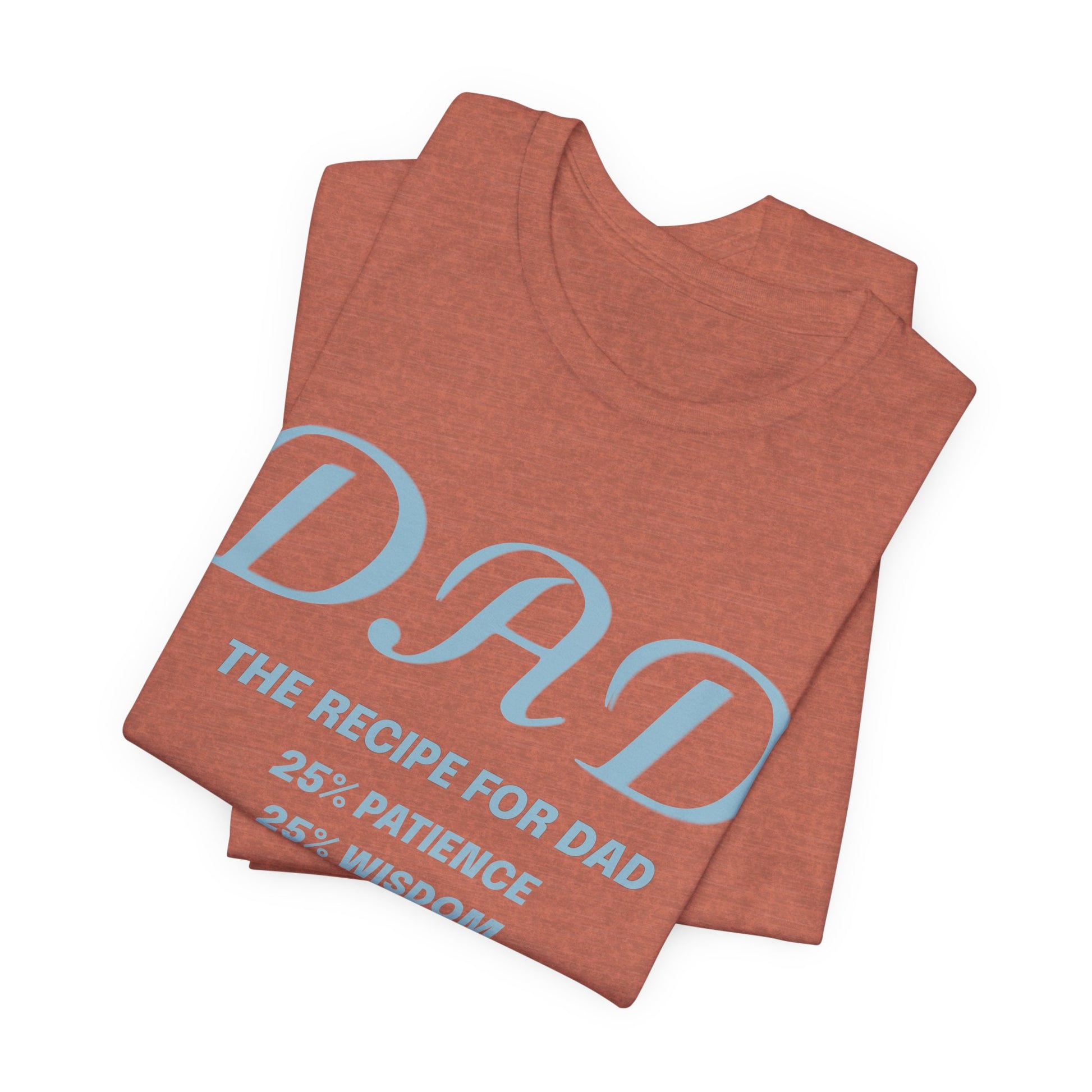 Folded heather clay t-shirt with blue text on a white background