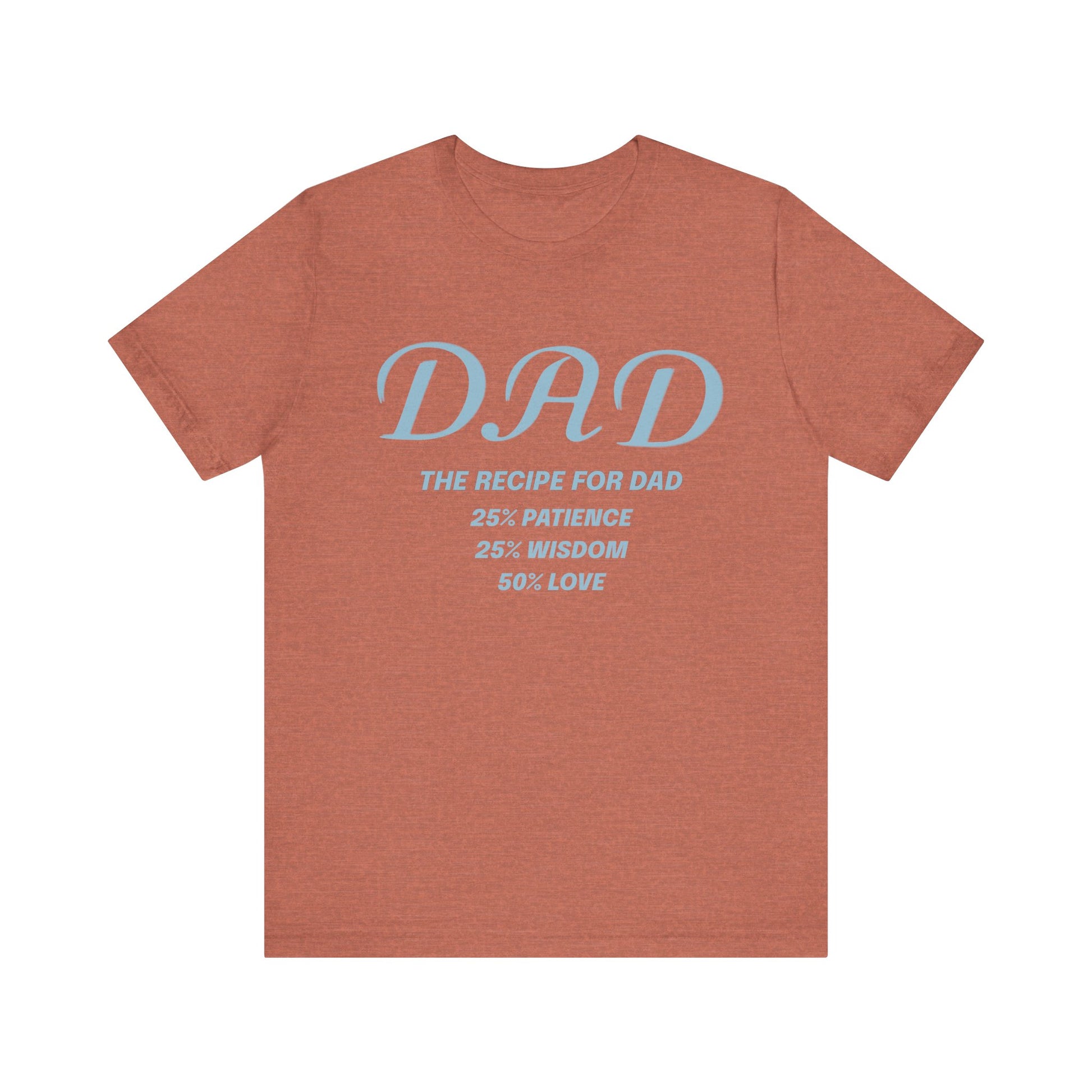 Heather clay t-shirt with blue text on a white background