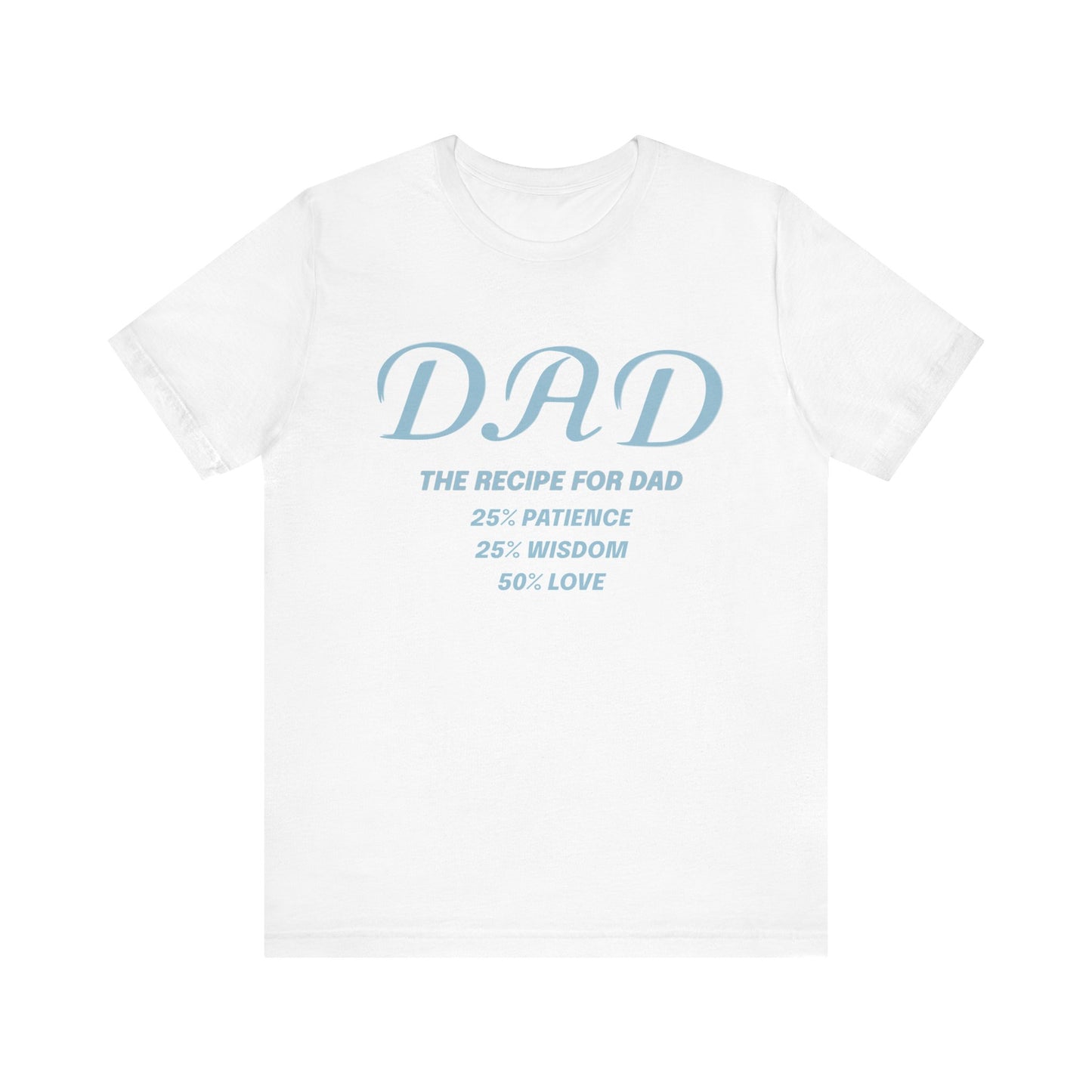 White t-shirt with blue text on a white background