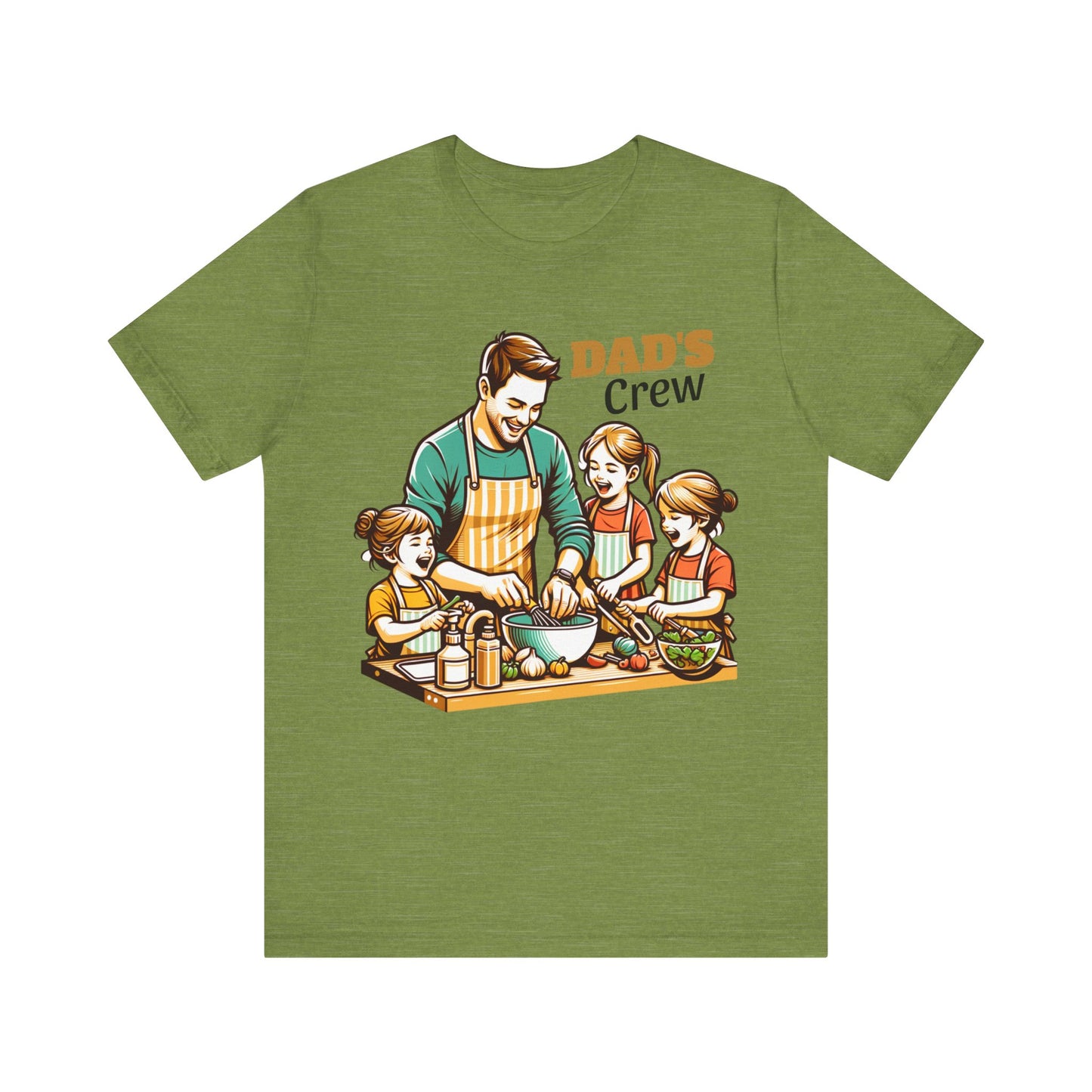 Heather green t-shirt with a graphic of a father and three children cooking, labeled 'Dad's Crew', on a white background.