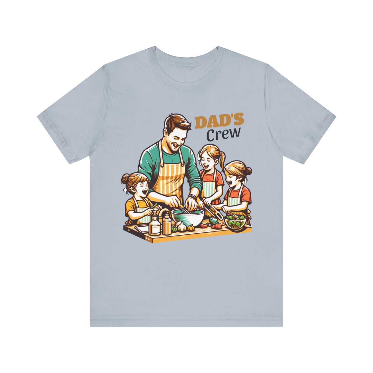 Light blue t-shirt with a graphic of a father and three children cooking, and 'Dad's Crew' text.