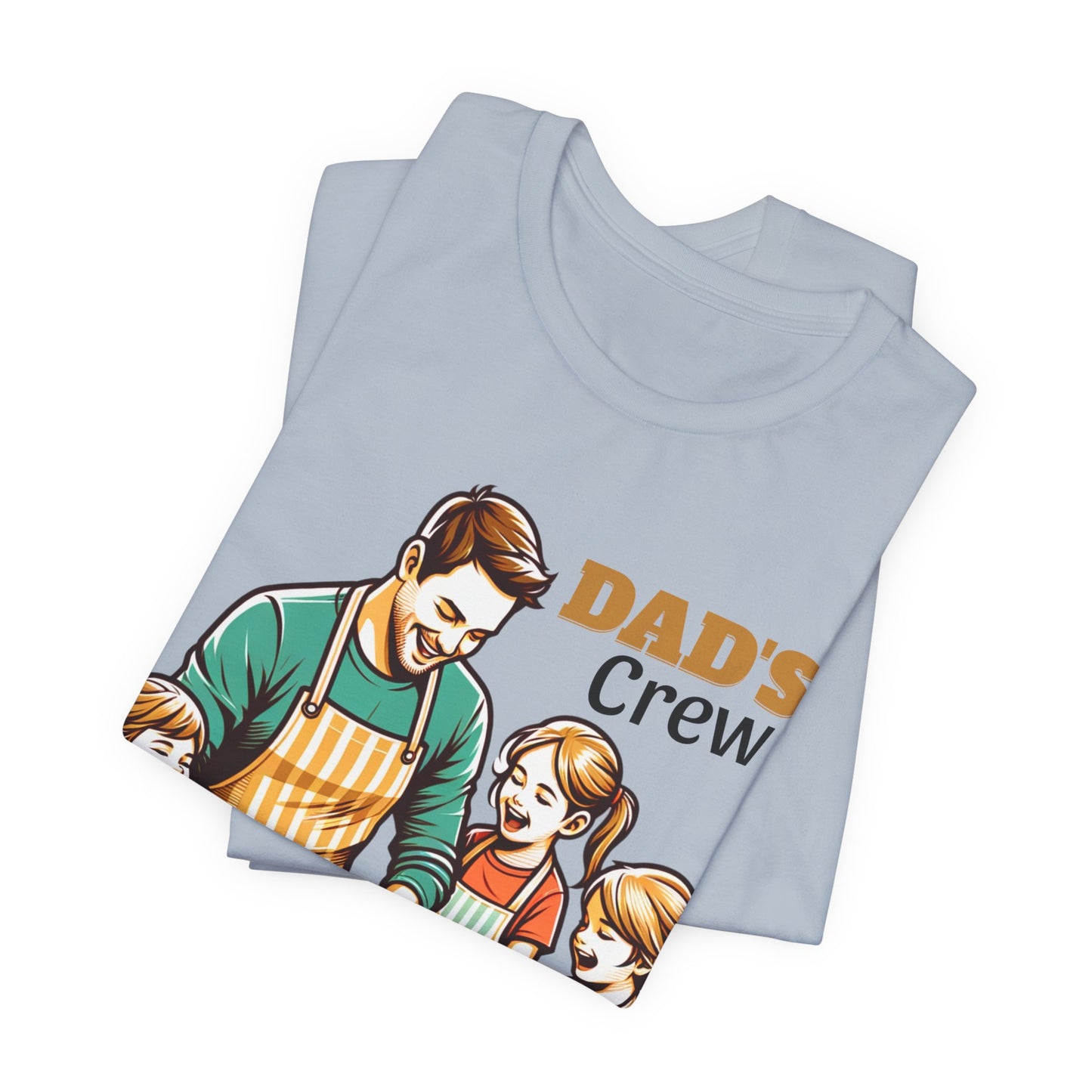 Folded t-shirt with 'Dad's Crew' graphic on a white background