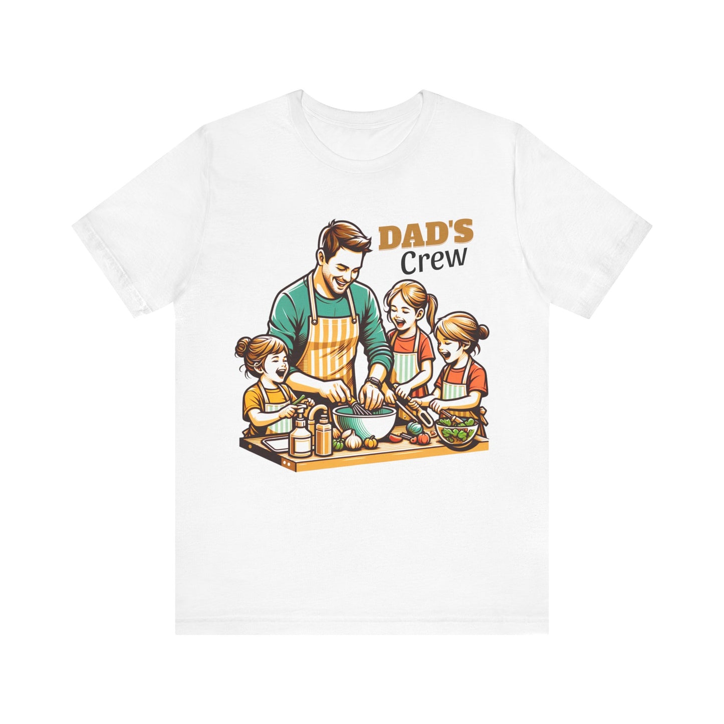 White t-shirt with a graphic of a father and his two daughters cooking, labeled 'Dad's Crew'.