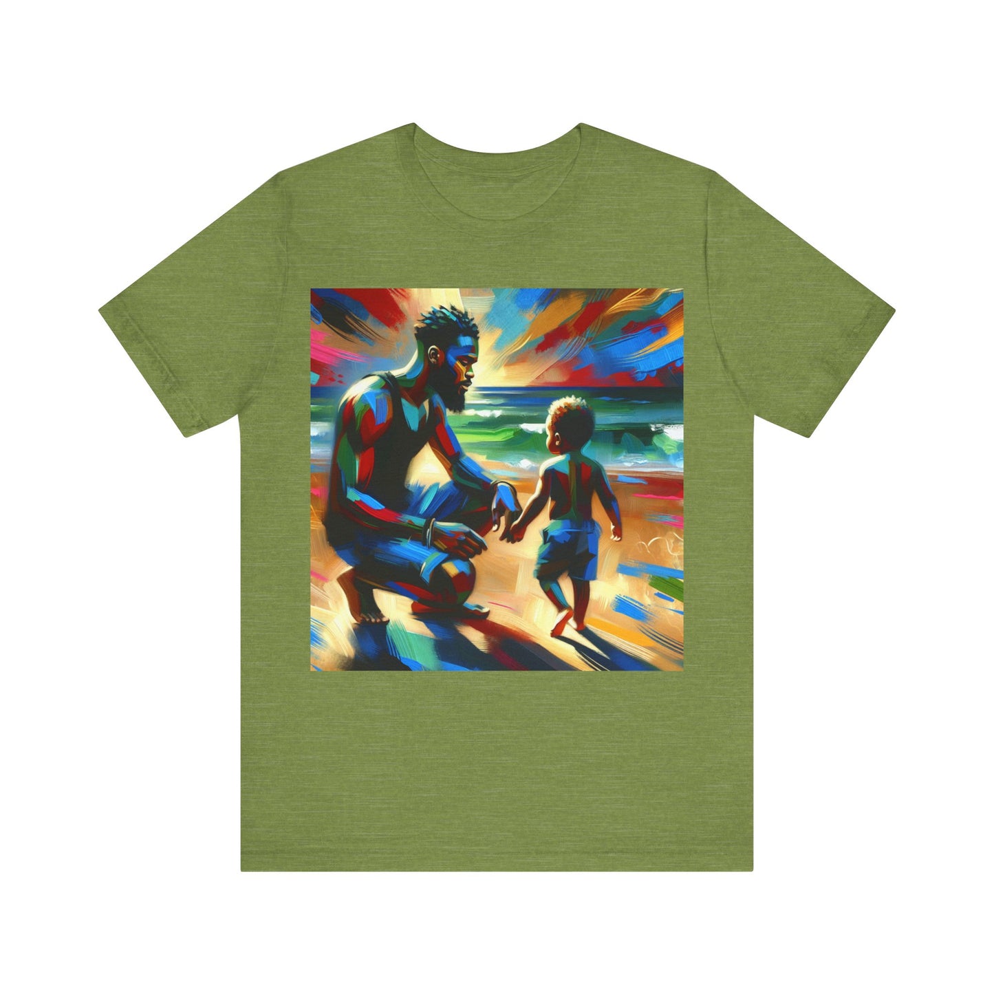 Green t-shirt with a colorful graphic of a man and child on a beach.
