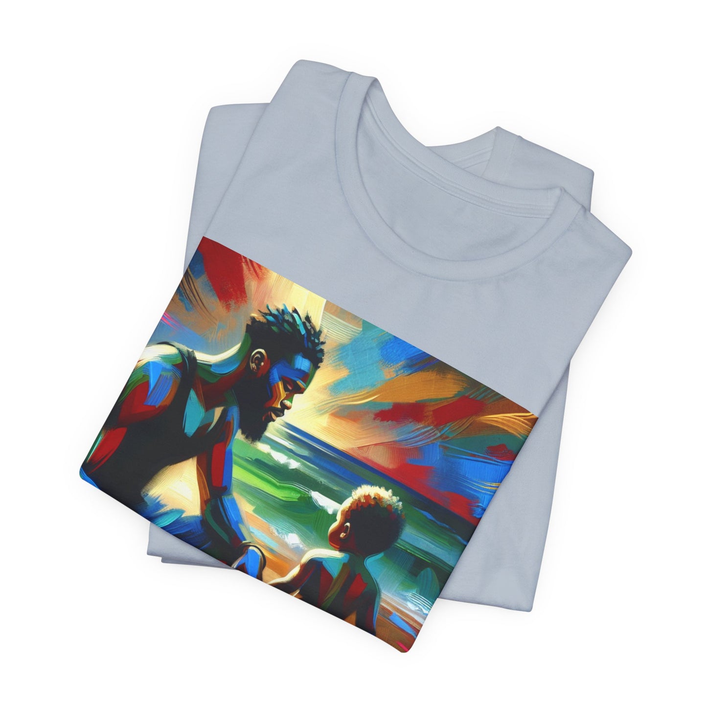 Light blue t-shirt with a colorful graphic of a man and child on a white background