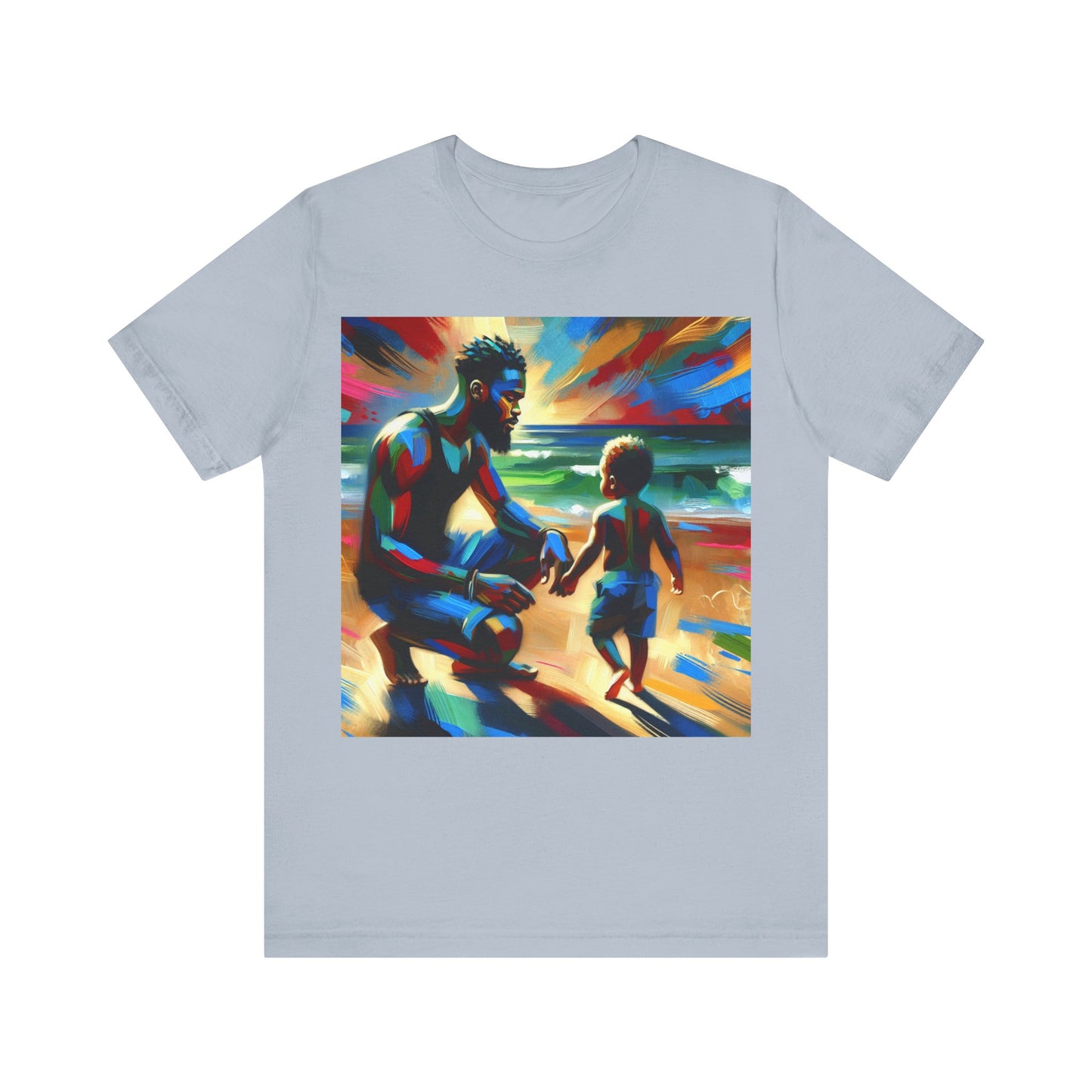 T-shirt with a colorful graphic of a man and child holding hands on a beach.