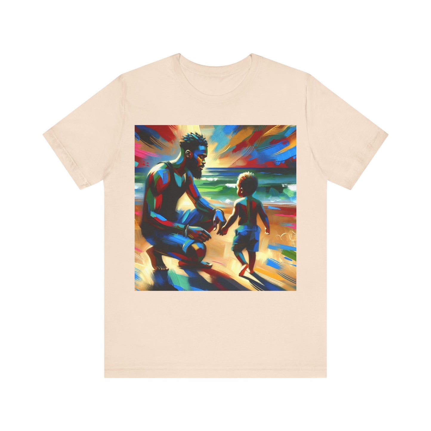Beige t-shirt with a colorful graphic of a man and child holding hands on a white background