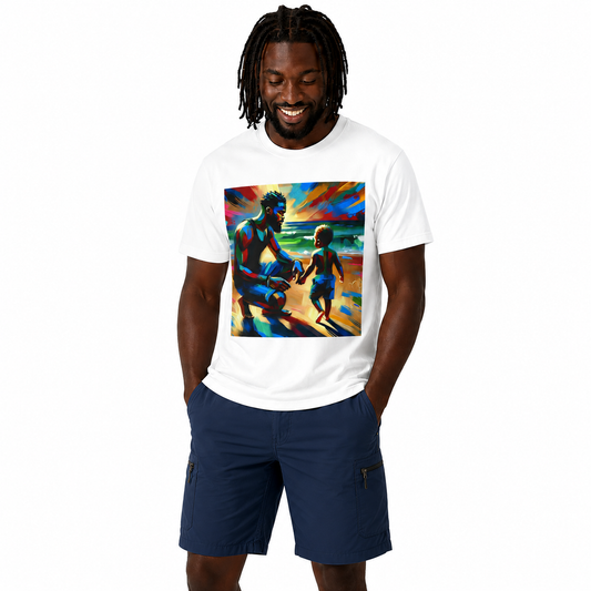 Man wearing a white t-shirt with a colorful graphic of a man and child holding hands, standing against a white background.
