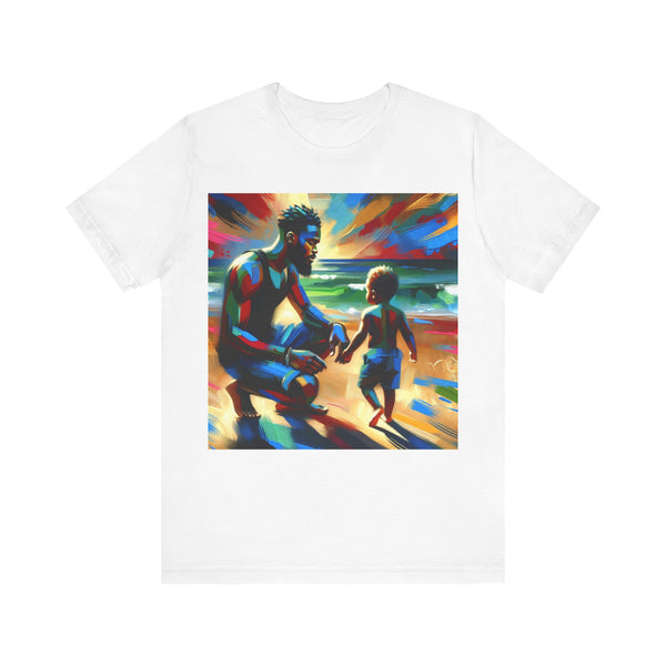 White t-shirt with a colorful graphic of a man and child holding hands on a beach.