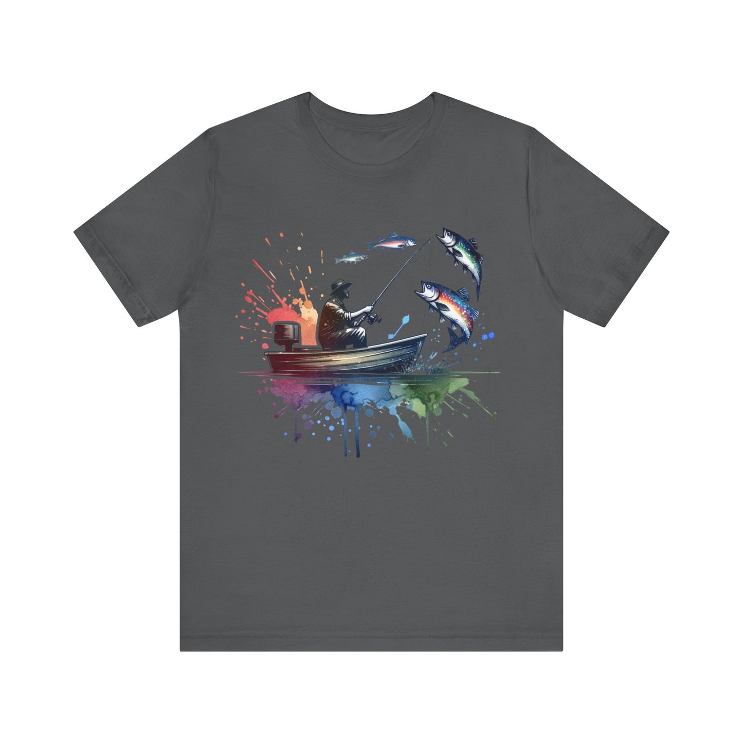 Gray t-shirt with a colorful fishing graphic on a white background