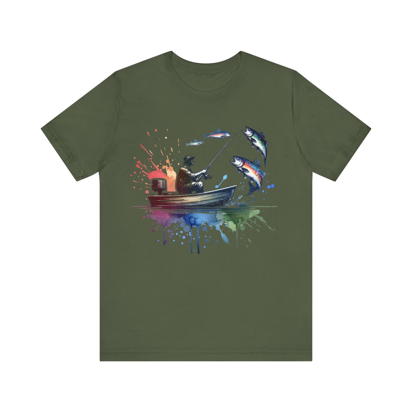 Green t-shirt with a colorful fishing graphic on a white background