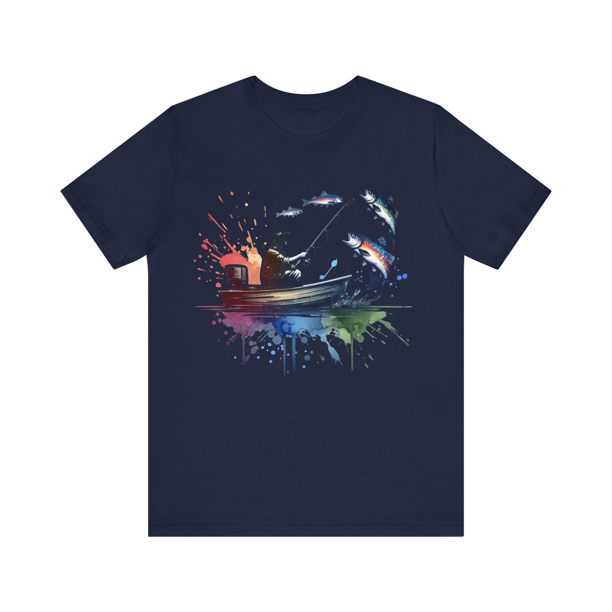 Navy blue t-shirt with a colorful graphic design on a white background