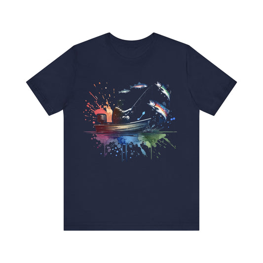 Navy blue t-shirt with a colorful graphic design on a white background