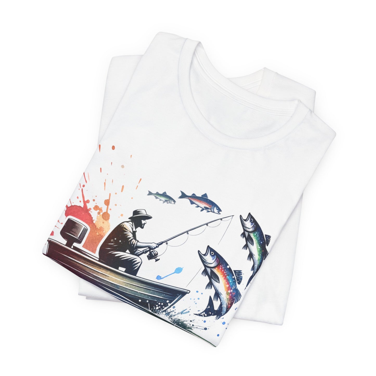 White t-shirt with a colorful fishing graphic on a white background