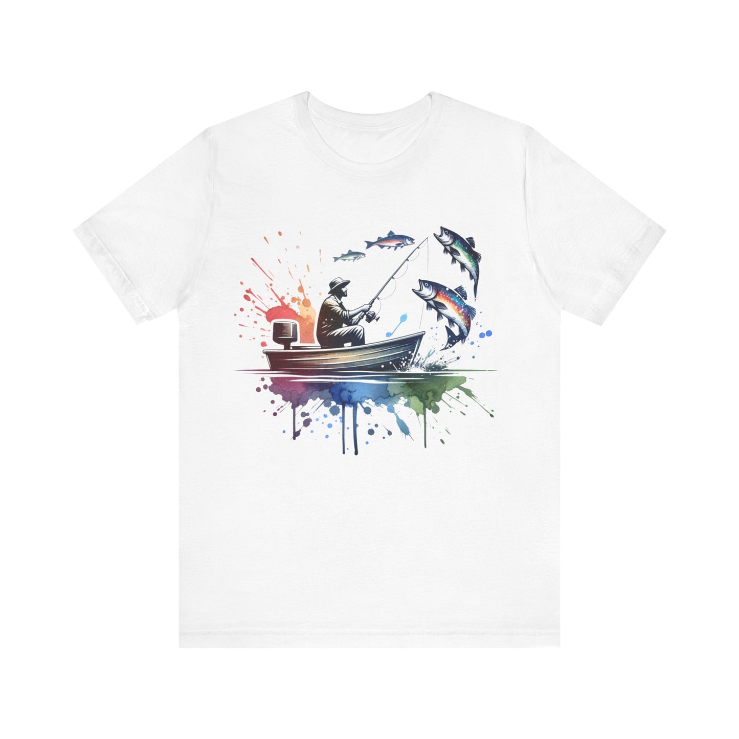White t-shirt with a colorful graphic of a fisherman and fish on a white background